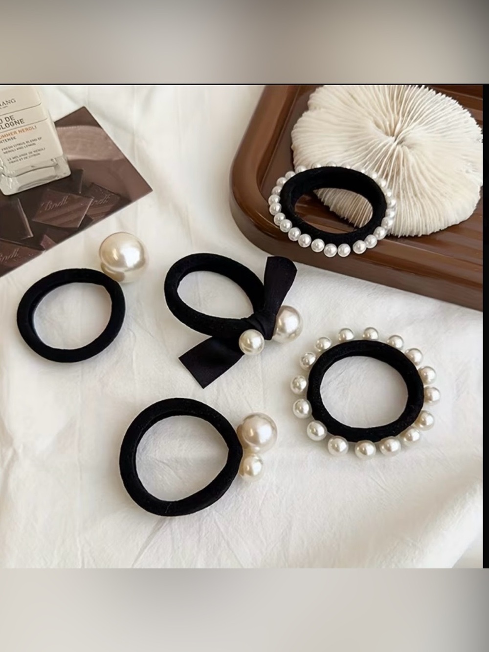 Black Pearl-Accent Hair Ties - Elegant Women’s Hair Accessories Set of 5